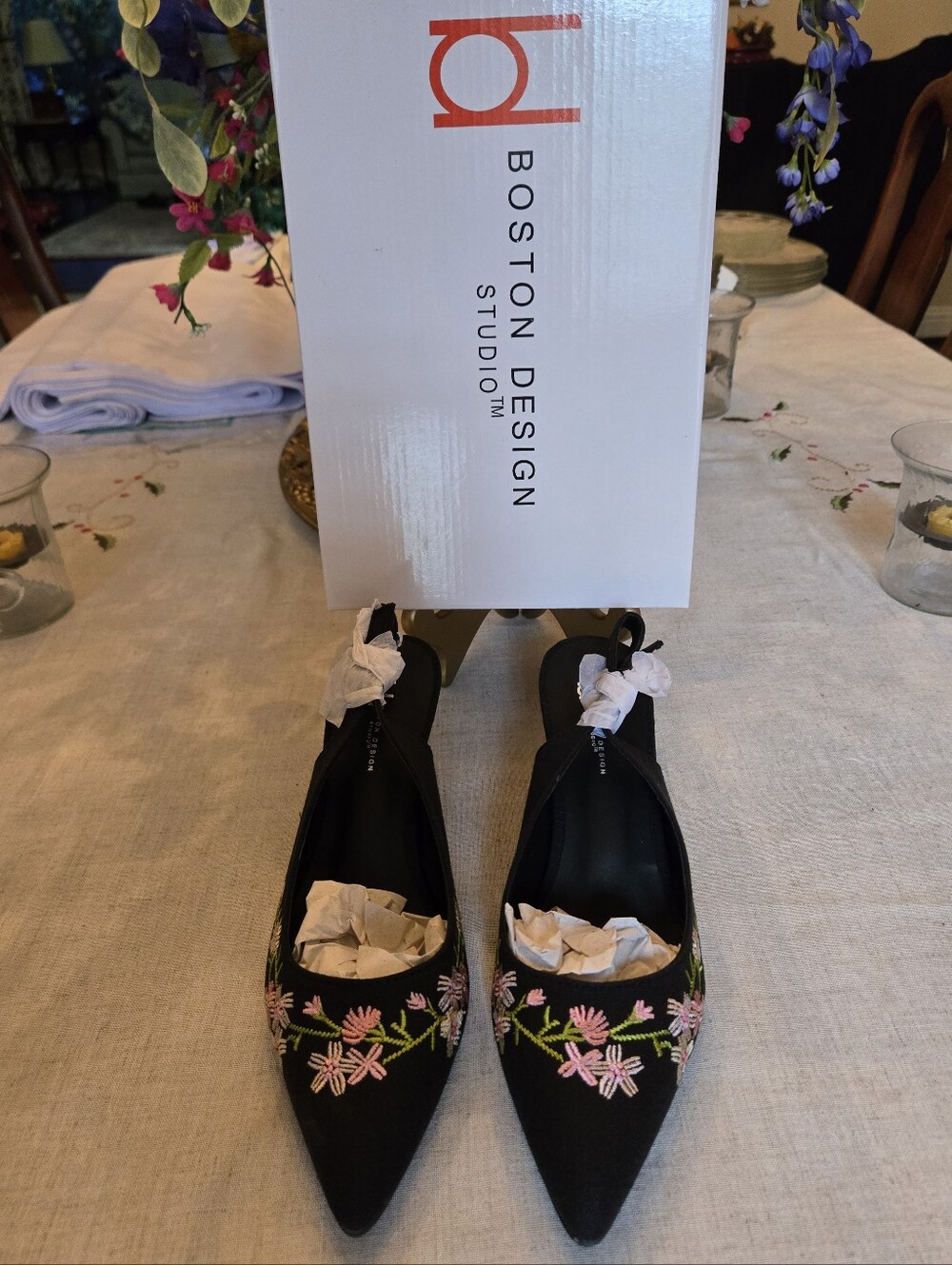Boston Design Studio Embroidered Slingback Heels - NWT